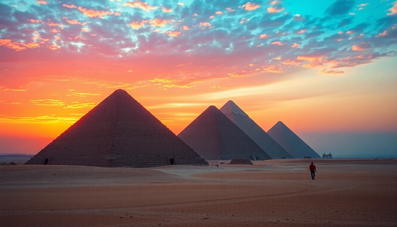 Explore piraminds of Giza, highlighting ancient pyramids against a vibrant sunset.