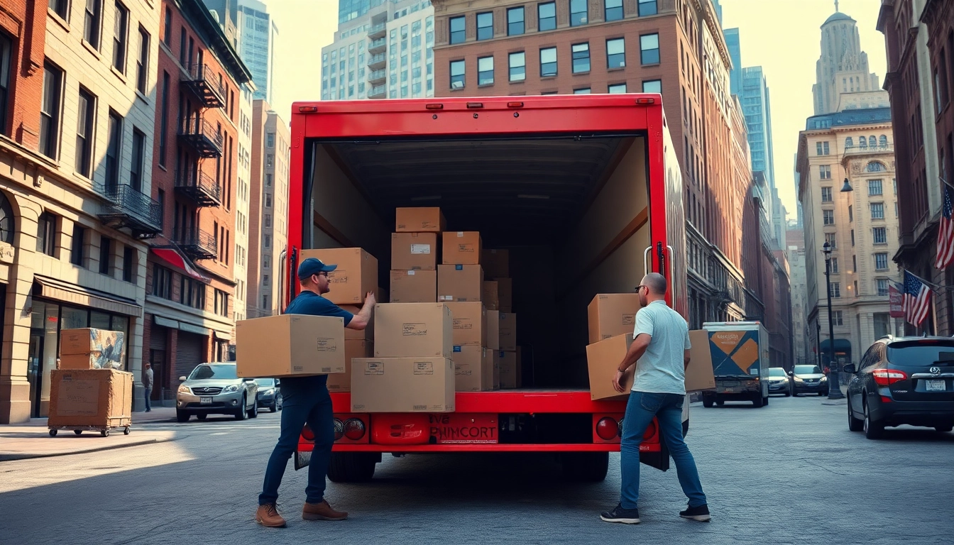 Local movers boston efficiently loading boxes into a moving truck on a busy Boston street.