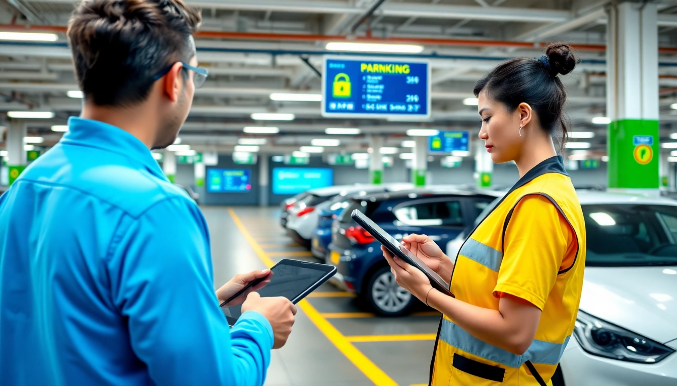 Ensure compliance in vrr parking while showing a busy parking lot and a parking attendant checking registrations.