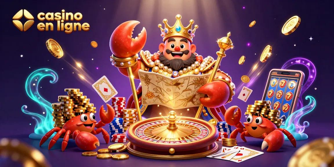 Casino en ligne avec un crabe impérial en or et des serviteurs hermit crab transportant des jetons d'or.