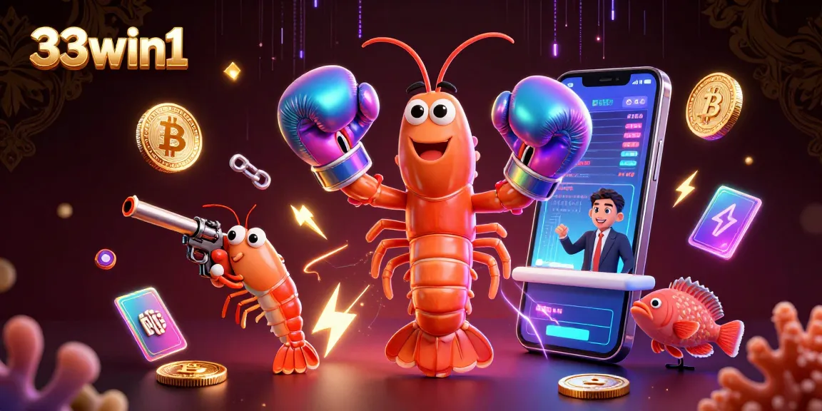 Bet on 33win1 with an iridescent shrimp boxing show and crypto elements swirling in excitement.