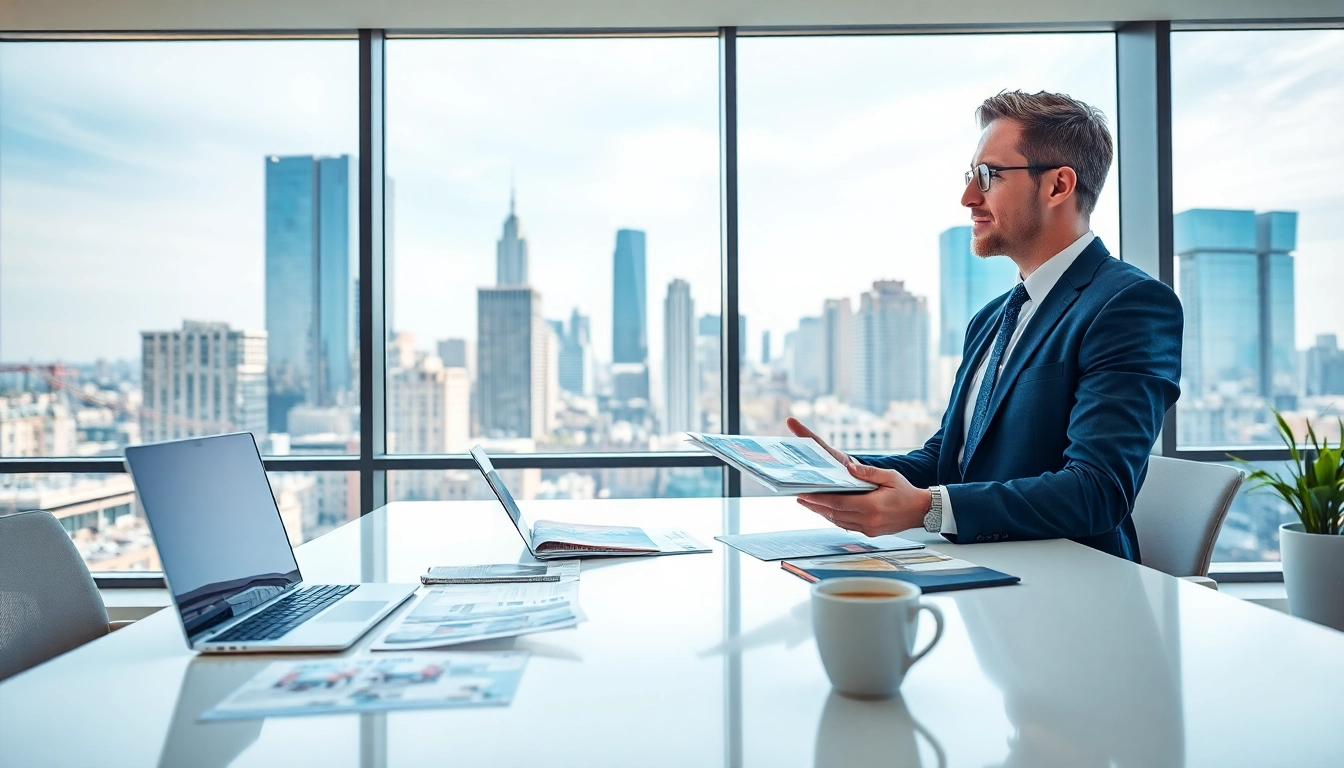 Engaging real estate agent showcasing listings in a modern office, highlighting Real Estate services.