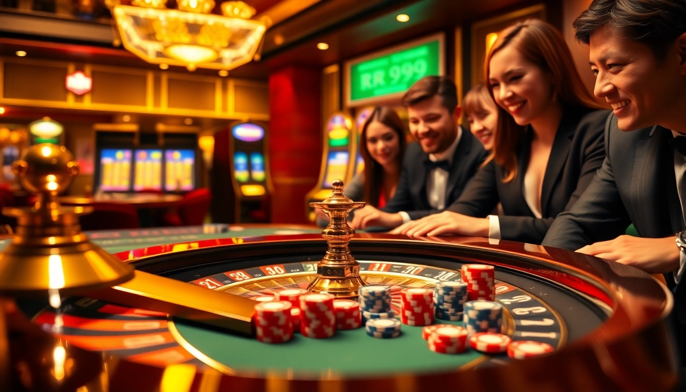 Catching the excitement of RR99 game with players at a casino table and vibrant slot machines.