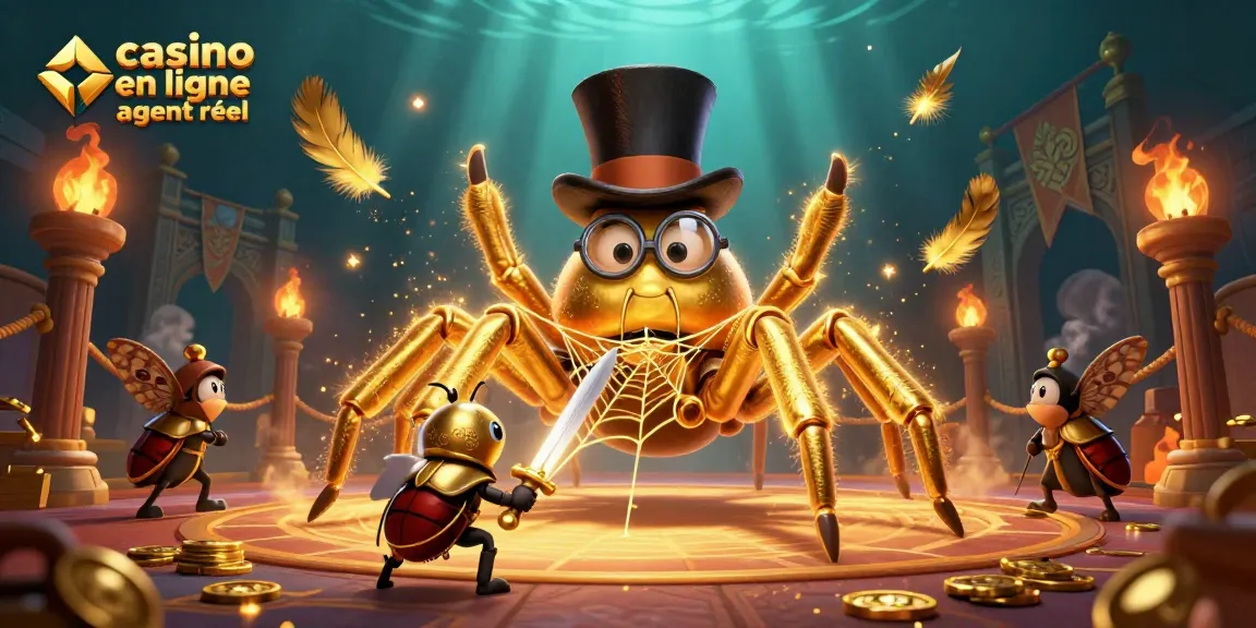 Une illustration mettant en scène un tarantule dorée et un chevalier scarabée dans un casino en ligne argent réel.
