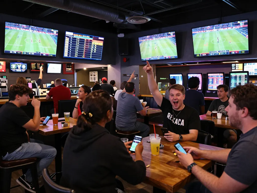 Bongdalu users enthusiastically engage in live sports betting at a vibrant venue.