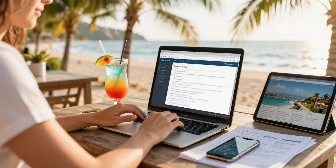 Engaged traveler utilizing travel crm software in a scenic beach setting, optimizing trip management.