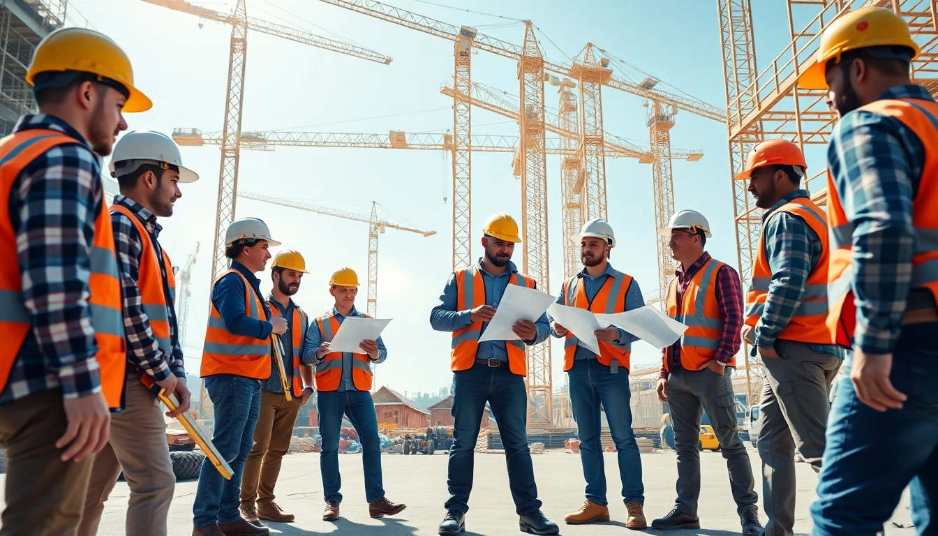 Construction association teamwork at a vibrant building site with diverse workers collaborating effectively.
