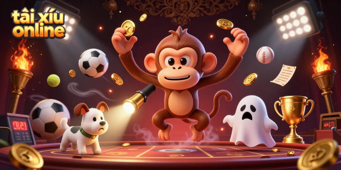 Engage in exciting tài xỉu online action with a playful monkey and curious puppy in a dynamic casino scene.