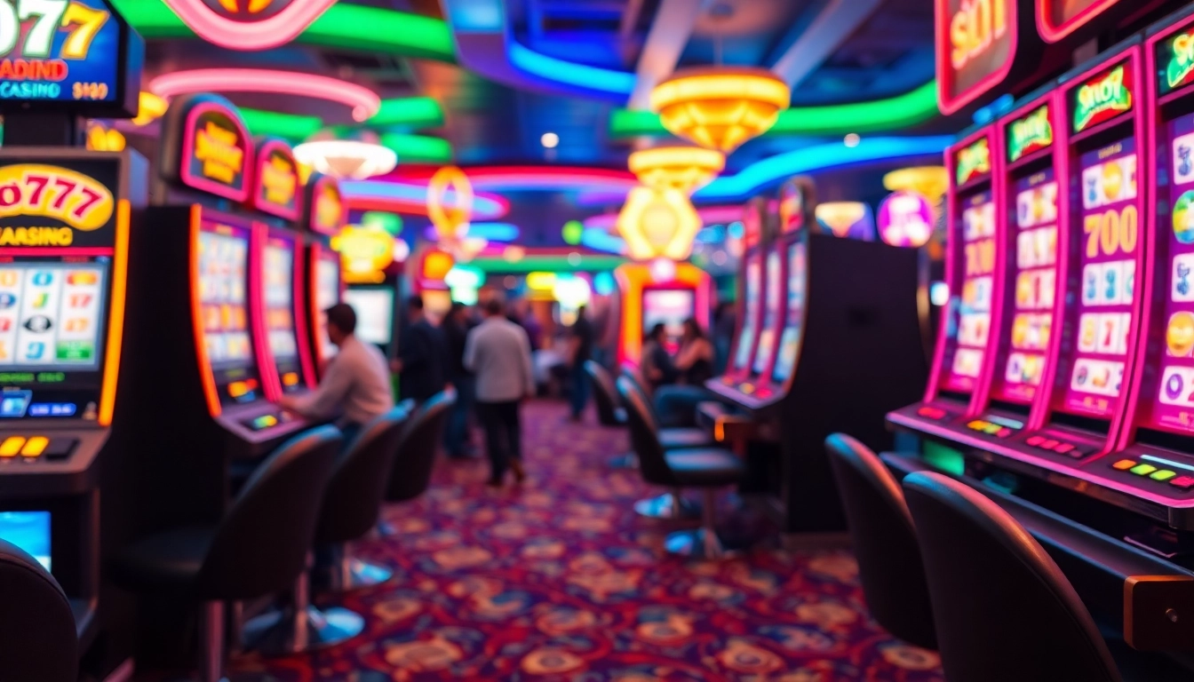 Menangkan slot777 di mesin slot dengan suasana kasino yang meriah dan penuh warna.