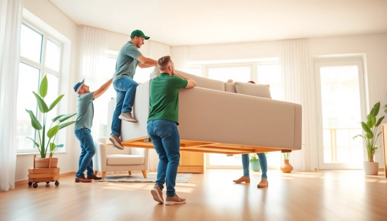Lift and load movers efficiently lifting a sofa in a bright modern home.