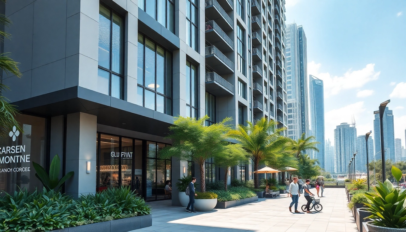 View a modern condo at https://newdeveloperlaunch.sg surrounded by lush landscaping and a vibrant Singapore skyline.