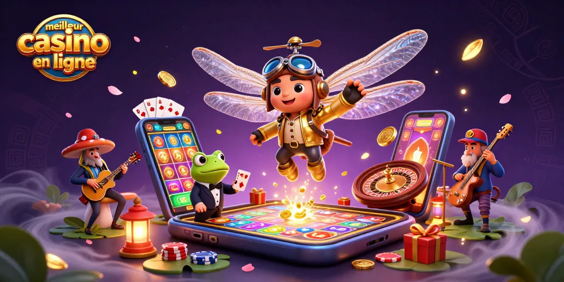 Illustration de "meilleur casino en ligne" avec un pilote libellule et un croupier grenouille au casino.