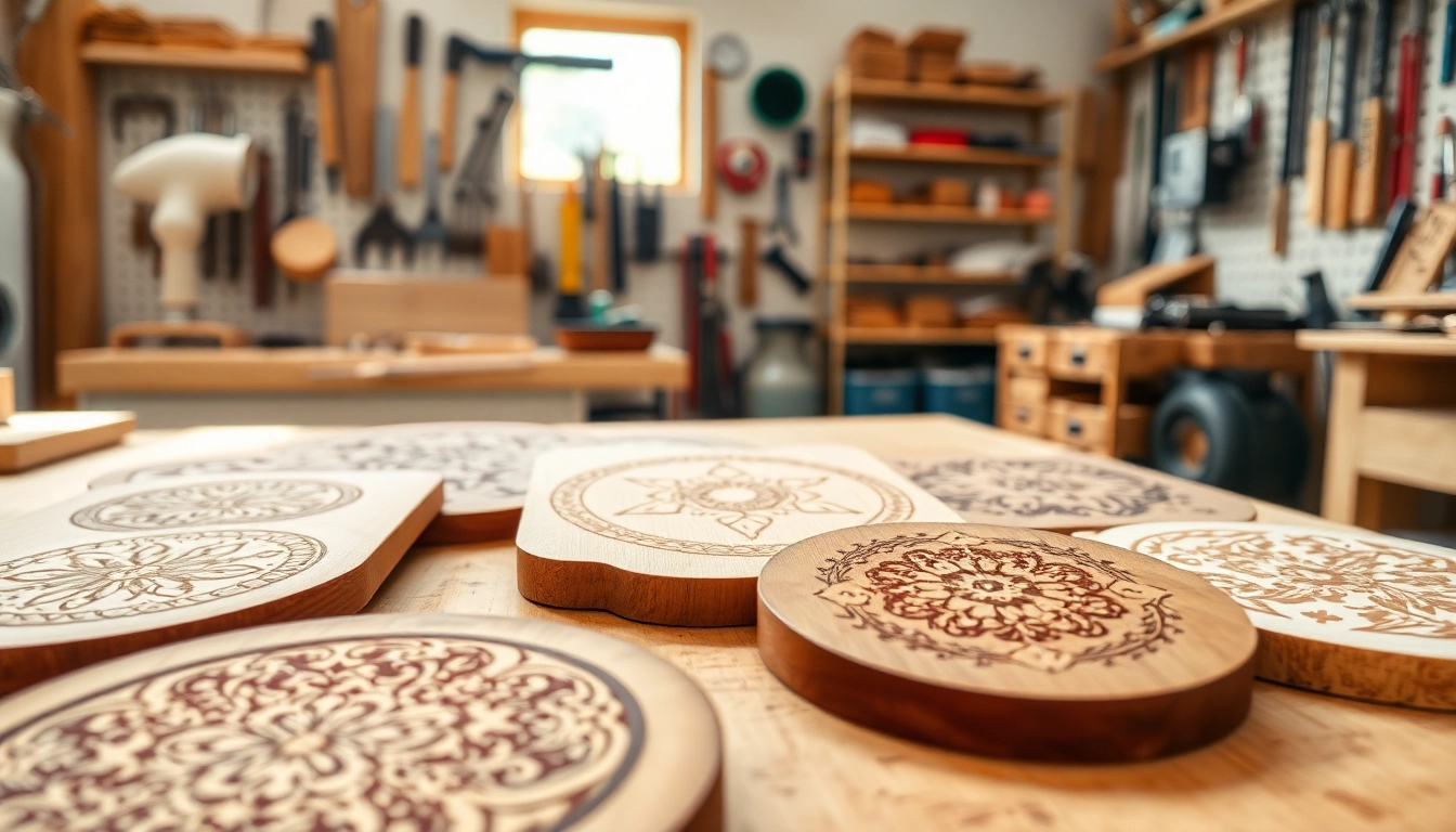 Create stunning laser engraving designs on wood in a well-lit workshop setting.