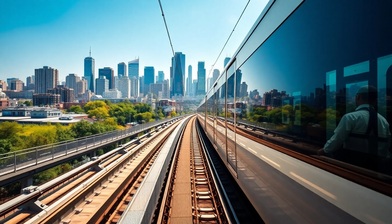 Efficient rail systems in a vibrant urban setting with trains and commuters illustrating urban connectivity.