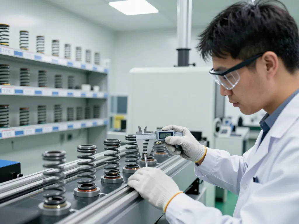Tehnician inspectând Arcuri elicoidale pe linia de producție, asigurând controlul calității în fabricarea arcurilor.