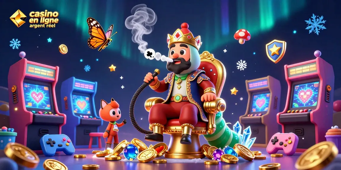 Illustration d'un casino en ligne argent réel avec un gros chenille maître de chicha entouré de jeux d'arcade colorés.