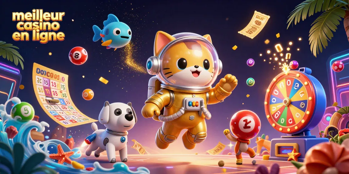 Visualisez le meilleur casino en ligne avec un chat astronaute et des éléments de jeu dynamiques flottants.