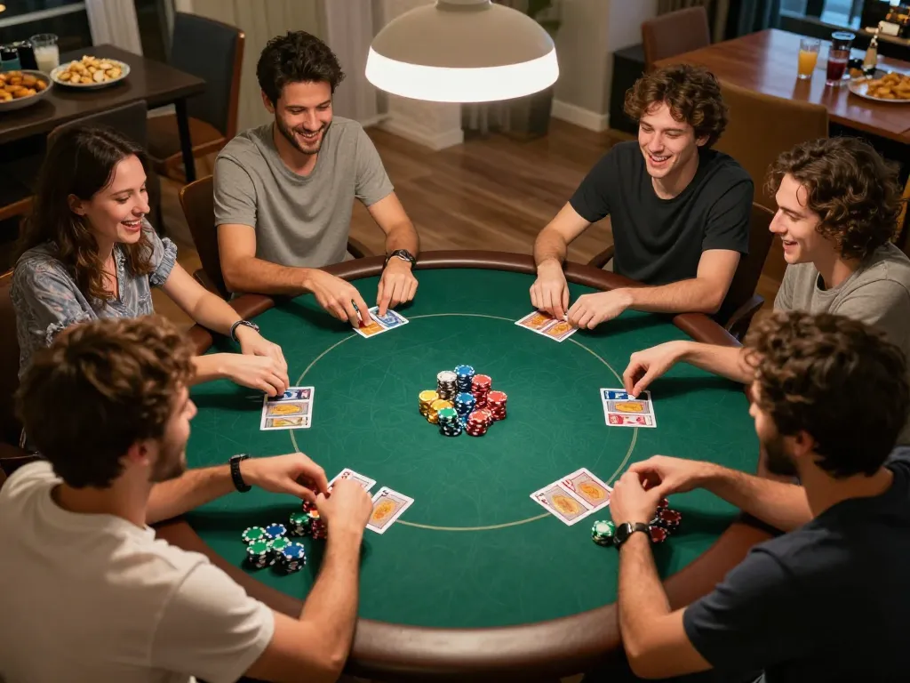 Players enjoy a lively home poker game with friends, showcasing strategic gameplay and camaraderie at UU88.