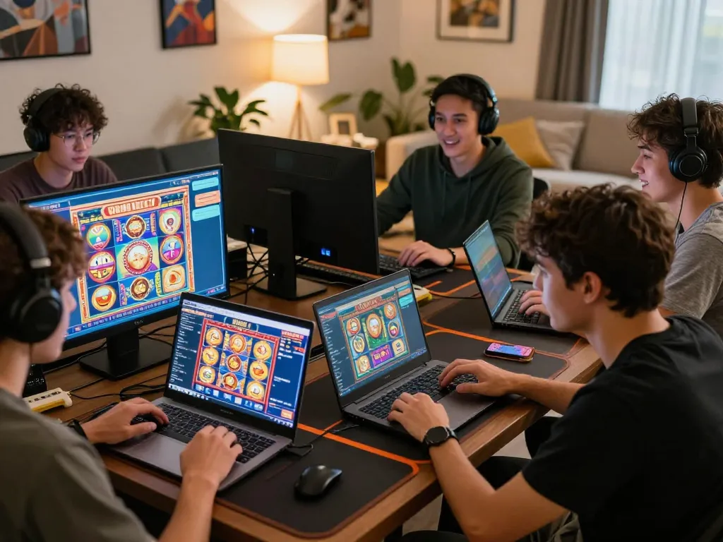 Engaging gaming atmosphere with players around vibrant virtual casino screens on vegasslot77.com.