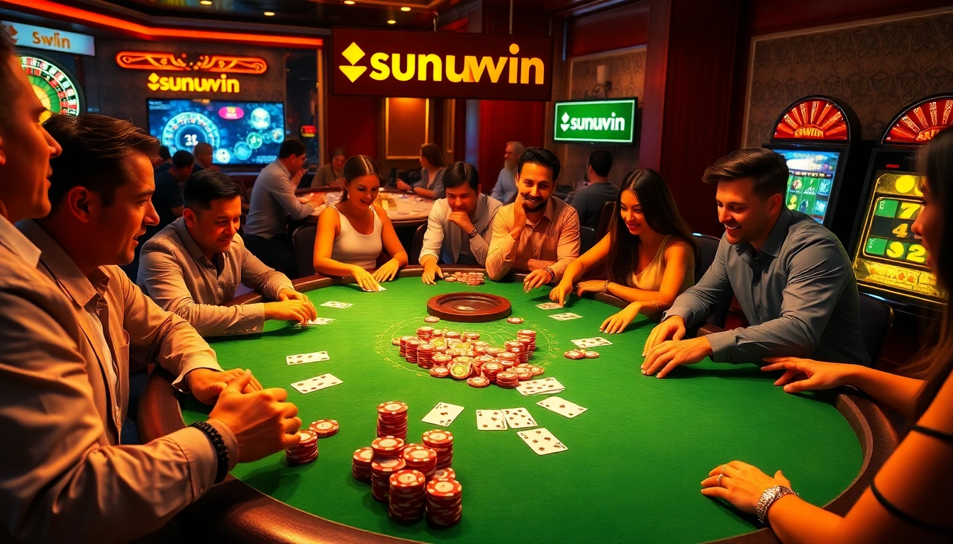 Experience the thrill of sunwin gaming at a lively poker table filled with chips and cards.