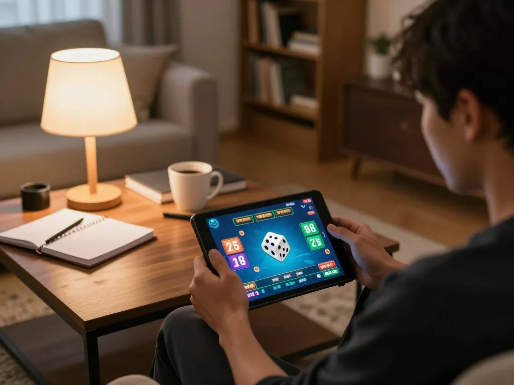 Player enjoying tai xiu online on a tablet in a cozy living room, capturing strategic gaming moments.