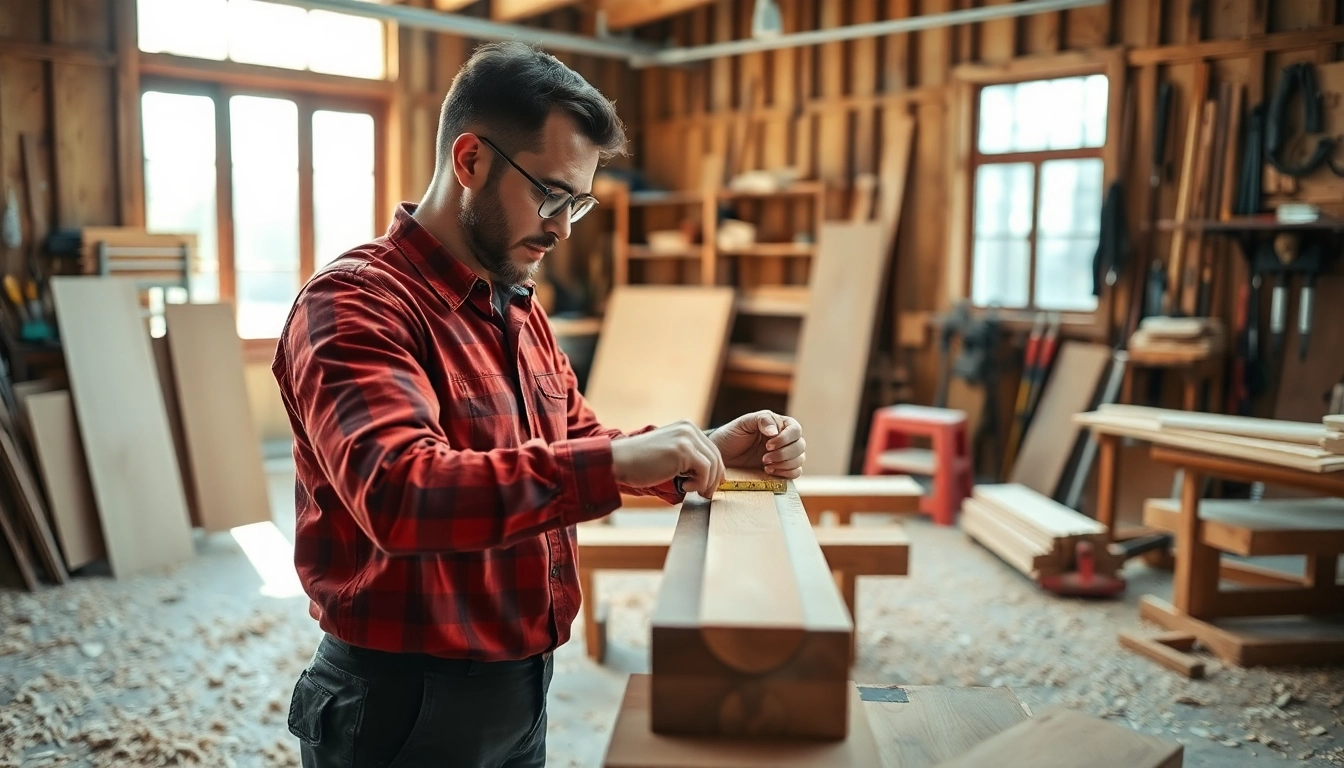 Carpentry apprenticeship in action, featuring a carpenter focused on measuring wood in a bright workshop.