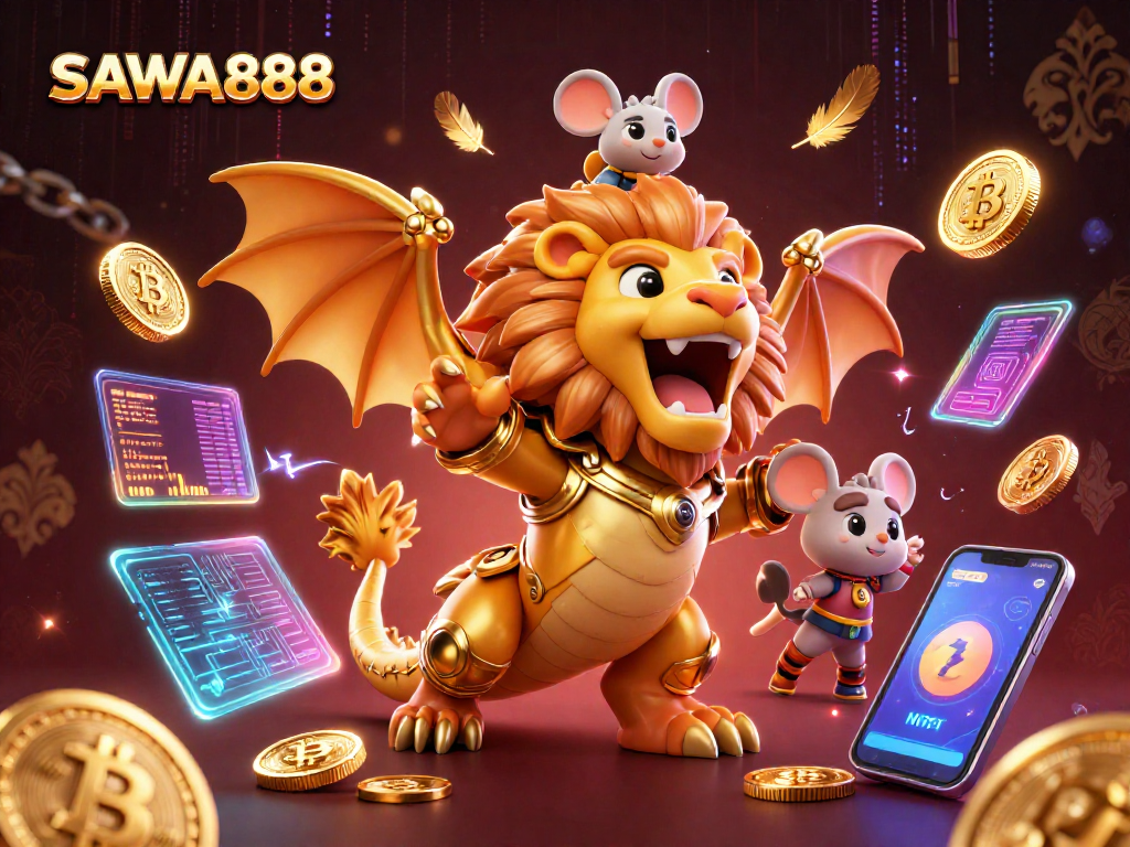Engage with SAWA888's vibrant gaming world, featuring a chimera in armor collecting crypto coins.