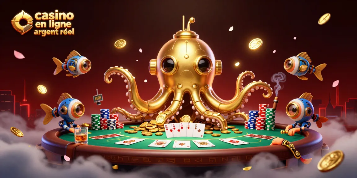 Jouez aux jeux passionnants de casino en ligne argent réel avec ce kraken doré émergeant des pièces d'or.