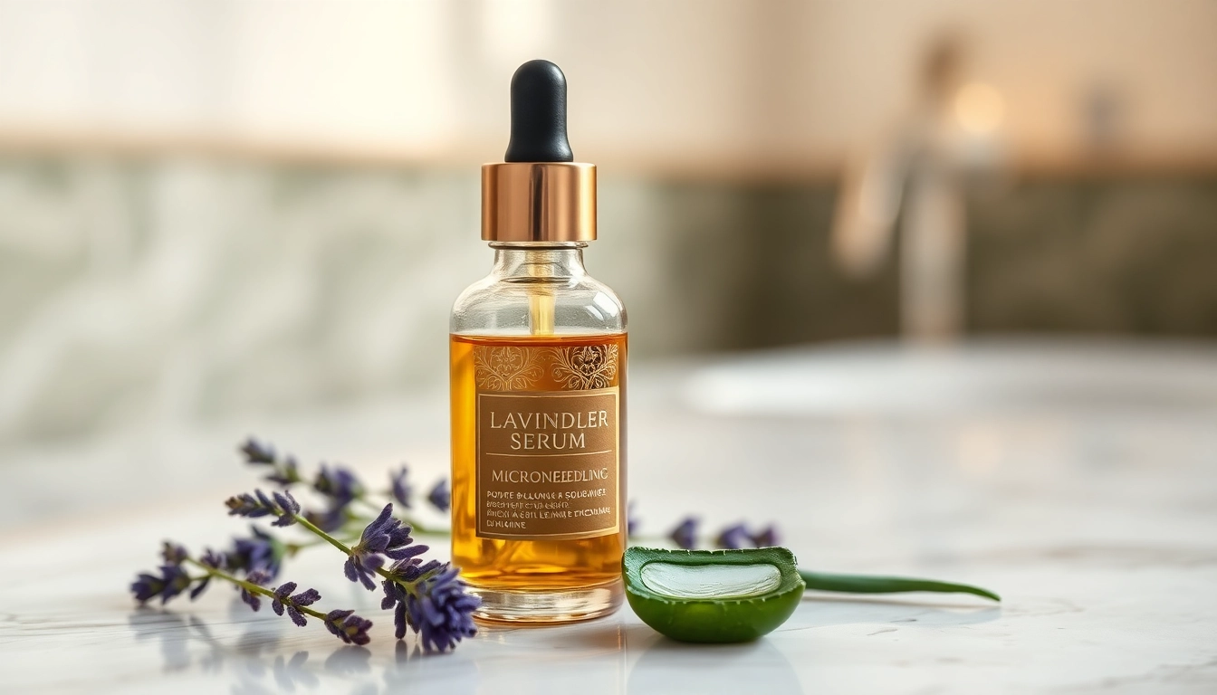 Showcase the best microneedling serum with botanical elements and an elegant setting.