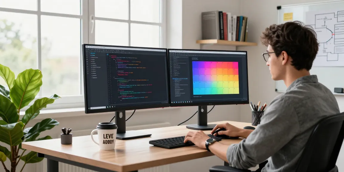 Developer integrating GitHub Copilot in Nepal in a modern workspace with dual monitors and coding supplies.