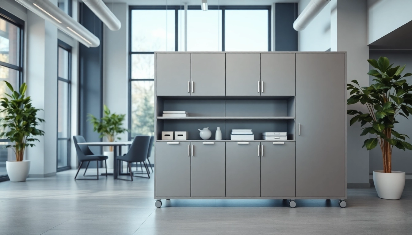 Organized steel cabinet displaying neat storage solutions in a modern office.