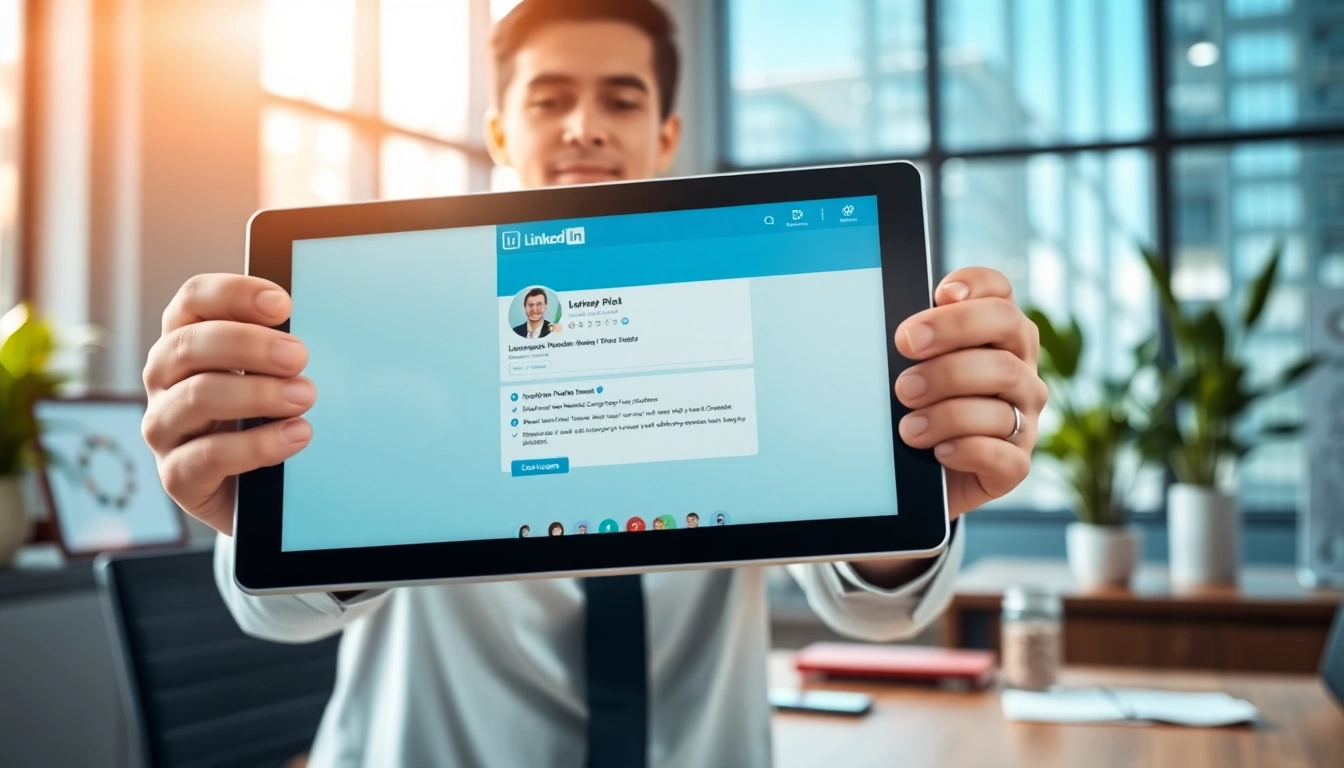 View professional using a tablet to Buy LinkedIn Profiles in a modern office setting.