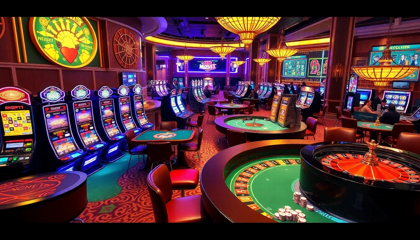 A lively casino scene showcasing KJC gambling excitement with poker tables and vibrant slot machines.