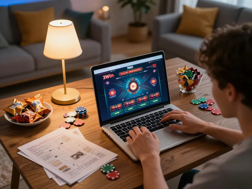 Player navigating the 3Win online casino interface during an exciting gaming session at home.