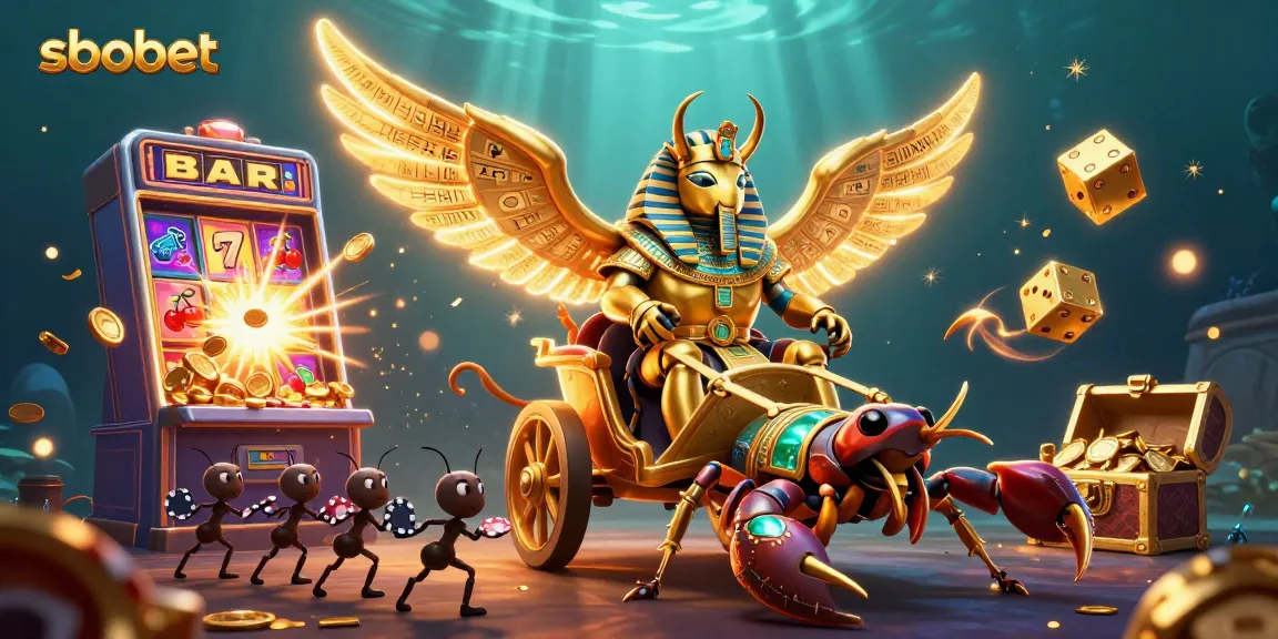 SboBet showcases an exciting gaming experience with a colossal beetle, jackpot slots, and immersive casino elements.