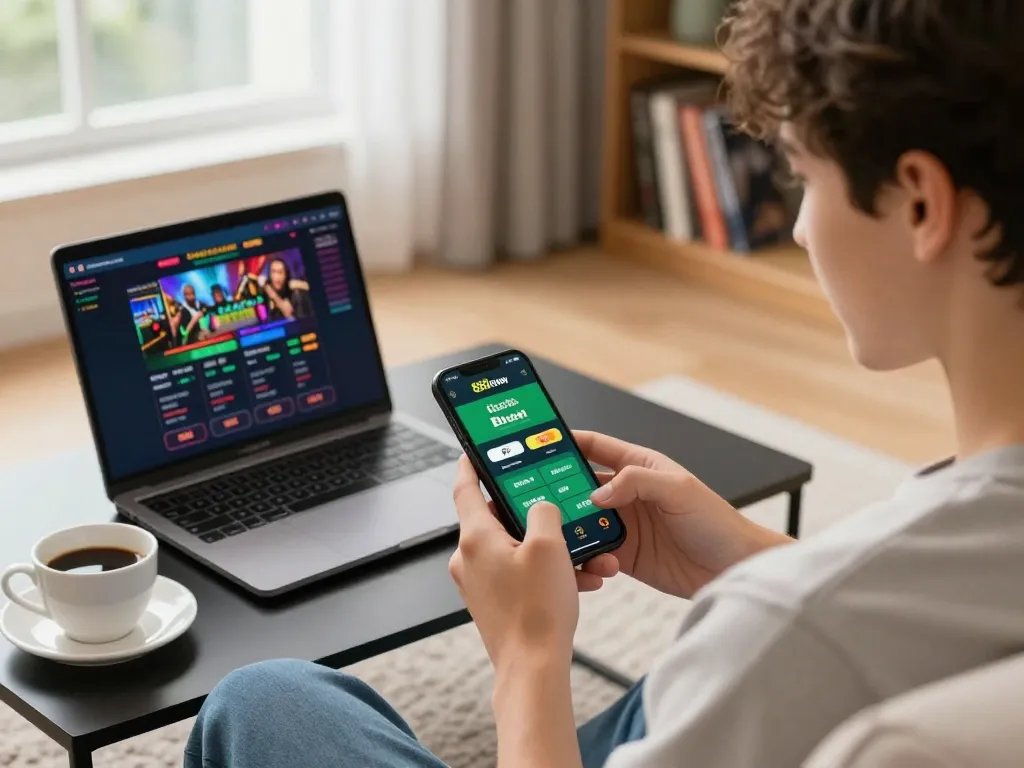 Engaging in mobile gambling on 888now com with smartphone showing game interface in a comfortable home setting.