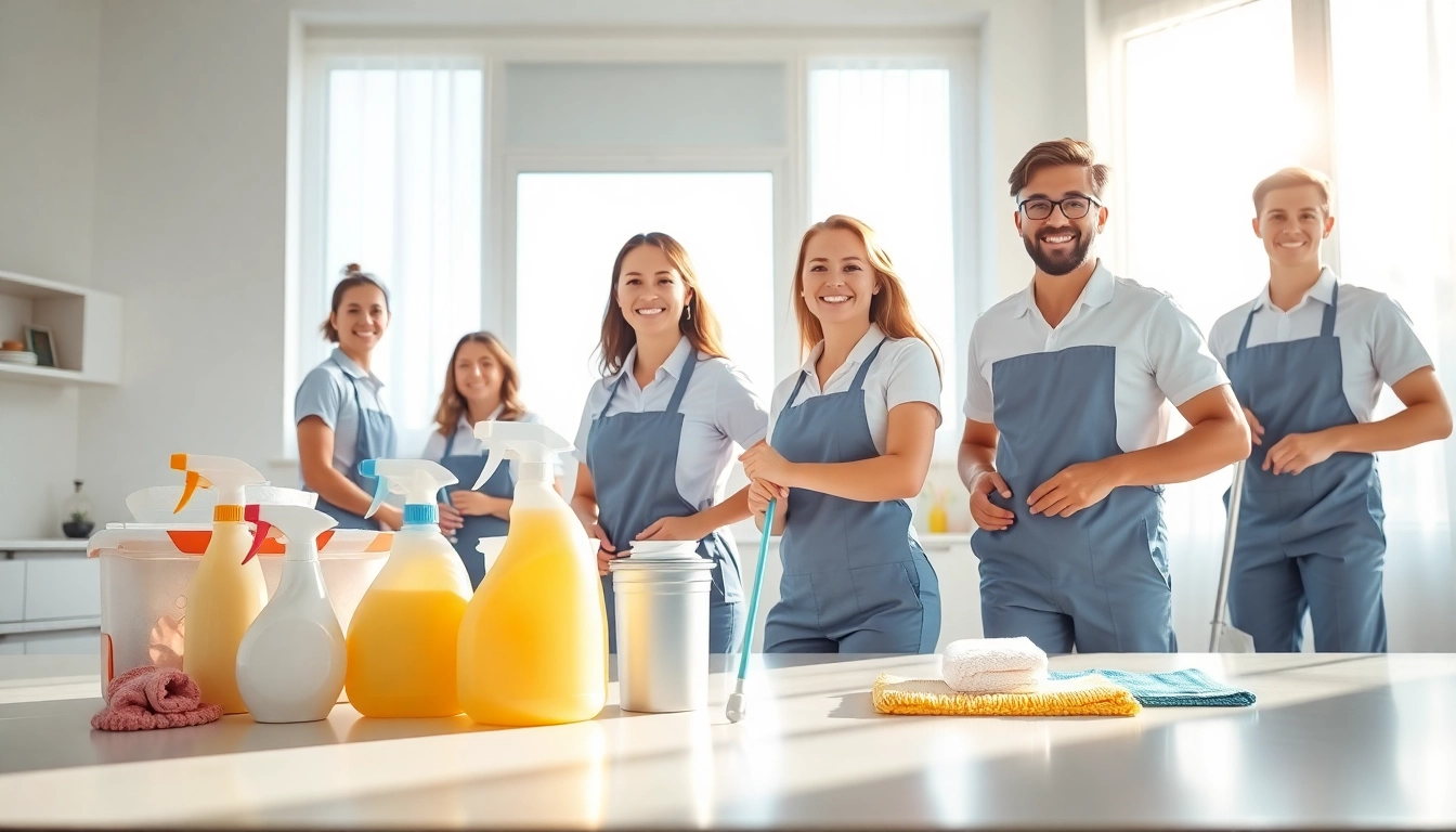 Cleaning Service team actively organizing and cleaning a bright modern home, showcasing professionalism.