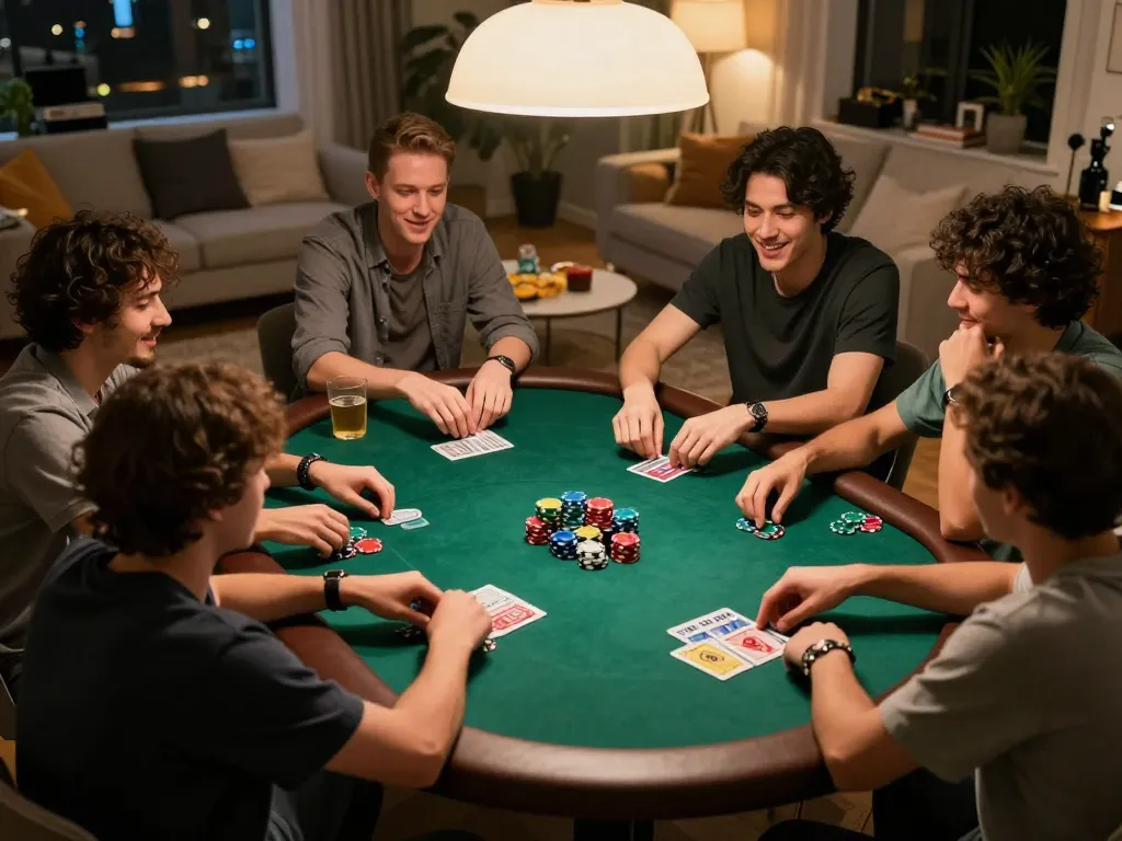 Friends enjoying a spirited poker night at home, focusing on camaraderie and strategy, featuring TG88 gameplay