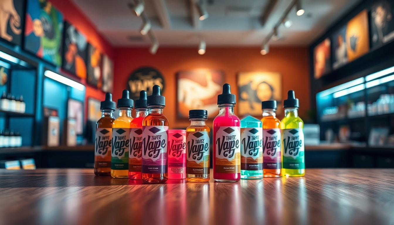 Showcase an array of colorful vape juice bottles poised elegantly in a contemporary vape shop.