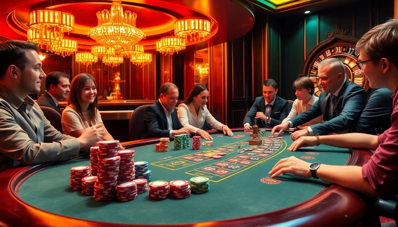 Experience the excitement of high-stakes poker at the KJ C casino, with vibrant chips and a dealer in action.
