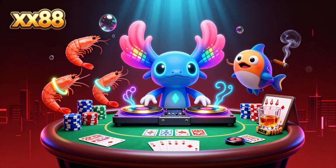 Experience exhilarating bets at xx88 with a vibrant 3D casino scene featuring animated characters and poker elements.