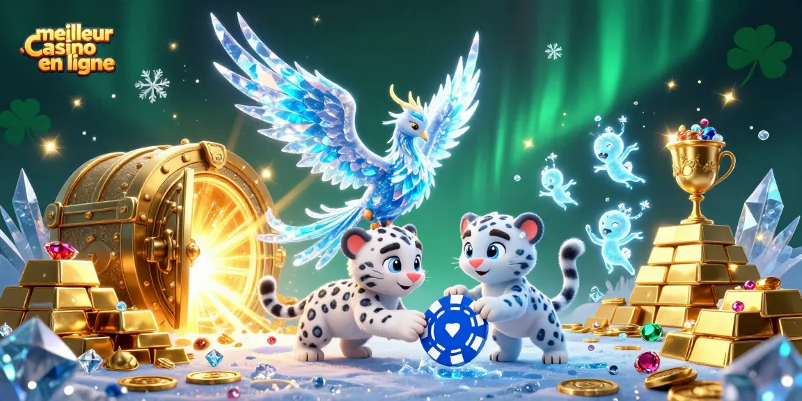 Jouer au meilleur casino en ligne avec une illustration de phoenix de glace, jetons et trésors magiques.
