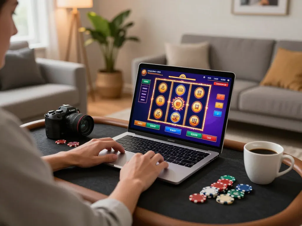 Engaging in gameplay at hytw3339a online casino from a cozy home setting, using laptop for slots.