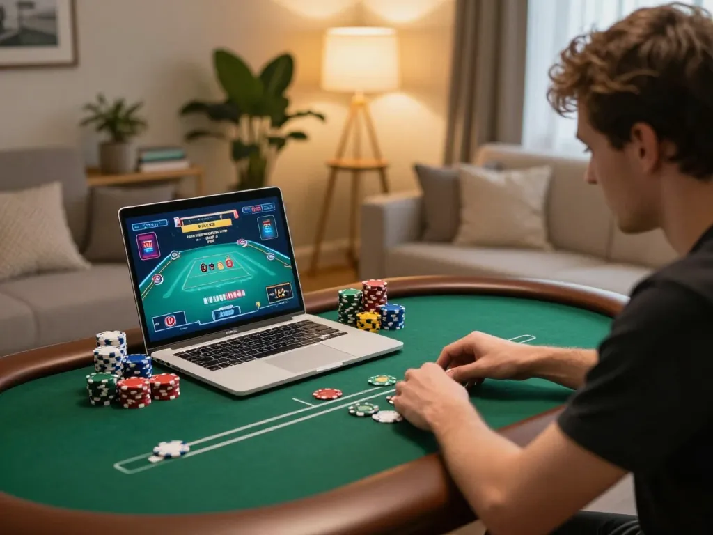 Player engaging with online poker game, strategizing over their giường bệnh nhân setup at home.