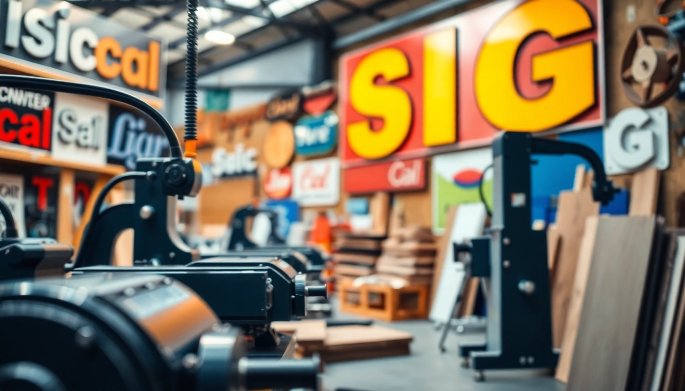 Engaging sign manufacturing process in a vibrant workshop, showcasing creativity and machinery.