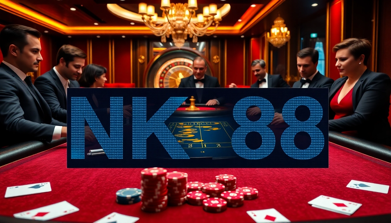 Players engage in a thrilling poker game at NK88, surrounded by luxurious casino decor.