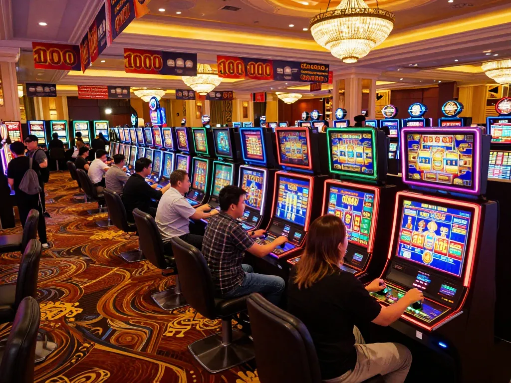 Engaged players at colorful slots under vibrant lights at a casino, promoting slot deposit 1000 excitement.