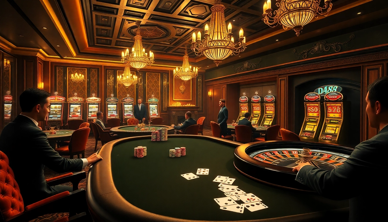 Experience the thrill of a high-stakes poker game at DA88 casino, featuring vibrant tables and luxury decor.