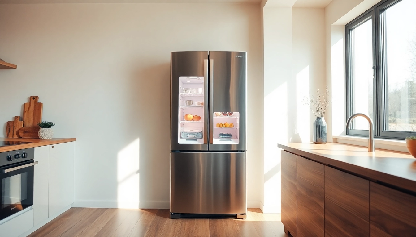 Refrigerator in a bright, modern kitchen emphasizing sleek design and organization.