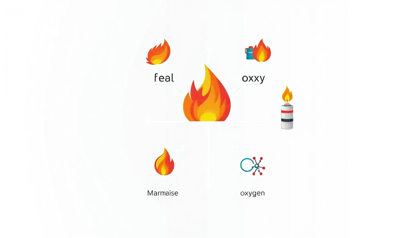 Illustration of the fire tetrahedron highlighting its components: fuel, heat, oxygen, and chemical reaction.